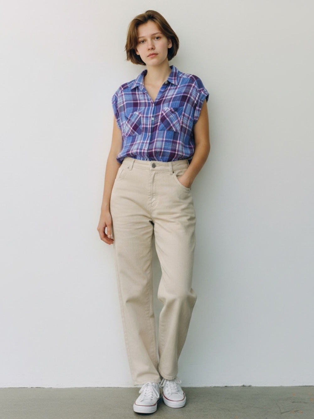 Express Blue & Purple Plaid Sleeveless Button-Down Shirt